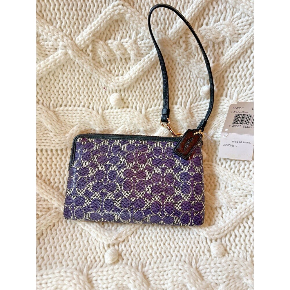 Coach Violet Black Signature Canvas Coated Small Zip Wristlet 52436B New - Picture 2 of 5